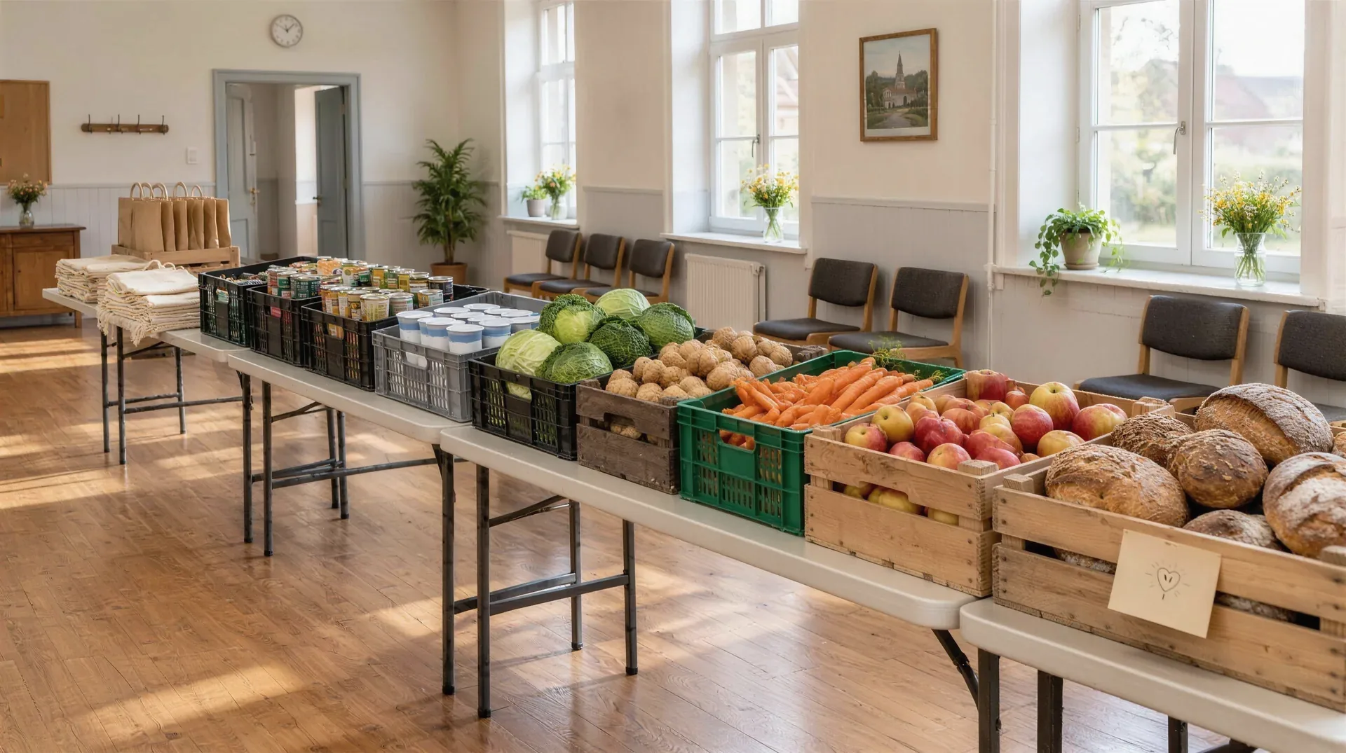Ein langer gedeckter Tisch im Gemeindesaal, grün weiss karierte Decke, Kaffeekannen, Brot und Kuchen